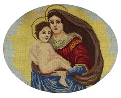 1C931 Régi Mária gyermekével szentkép gobelin blondel keretben