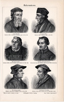 Reformátorok, egyszínű nyomat 1905, német nyelvű, eredeti, hit, vallás, Luther, Kálvin, Husz János