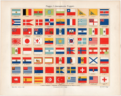 Zászlók I., színes nyomat 1903, német nyelvű, litográfia, zászló, nemzetközi, ország, lobogó, régi