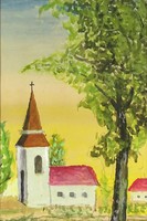 1D009 Keretezett akvarell festmény : Kisvárosi templom