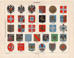 Címerek, litográfia 1894, színes nyomat, eredeti, magyar nyelvű, címer, osztrák, porosz, mexikói