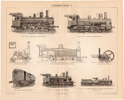 Lokomotivok II., 1895, egyszín nyomat, eredeti, magyar nyelvű, gőzmozdony, gőz, mozdony, vasút, régi