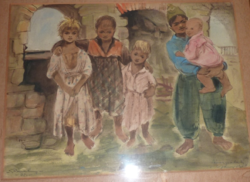 Róna Emy: Sárospataki cigányok, eredeti akvarell, jelzett, dedikált ' 1951 - Róna Emmy, Róna Emmi