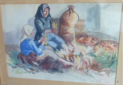 Huszár Vilmos: Kukoricamorzsolók, jelzett akvarell 1944-ből