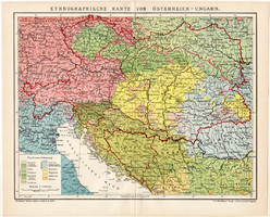 Osztrák - Magyar Monarchia etnográfiai térkép 1906, német, eredeti, Magyarország, Brockhaus, népek