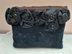 Fekete fodros rózsa gombos retro női alkalmi színházi bársony táska tüll pánttal