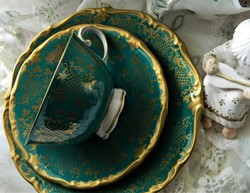 Reichenbach zöld és arany reggeliző szett, csésze és kistányérok