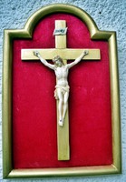 54. Antik CSONT Jézus Krisztus (11 cm), Korpusz, feszület, kereszt 29 cm-es barokk keretben