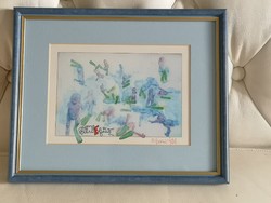 Békaemberek, absztrakt akvarell festmény, tenger, 29 x 24 cm