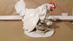 Drasche: kakas és tyúk, udvarló kakas, ritkább festésű porcelán, 20 cm