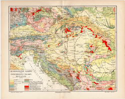 Osztrák - Magyar Monarchia geológiai térkép 1908, német nyelvű, eredeti, geológia, földtan, magyar