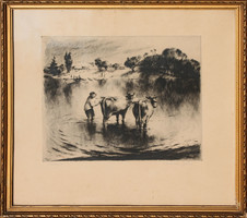 Kórusz József rézkarca: Tehenek a folyóban, 1960