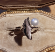 Ezüst ginko biloba nyitott gyűrű valódi gyönggyel