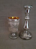 Antique double village with torn bottom blown glass candlestick with gilded interior decorative cup