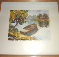 Őszidő csónakkal - akvarell kerettel falra akasztható - tó, víz ,tájkép, természet, idill