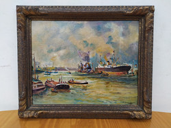 Antik olaj karton 1934 tenger kikötő szignált festmény keretében Nr5.