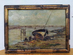antik olaj karton halászhajó tájkép szignált festmény sérült keretben Nr3.