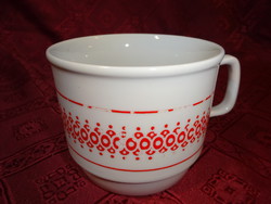 Zsolnay porcelán pohár, piros népi motívummal. Átmérője 9,5 cm, magassága 8 cm. Vanneki!