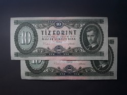 10 forint 1969 sorszámkövető pár, alacsony sorszám - Ropogós hajtott zöld tízes pár bankjegy