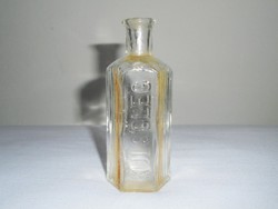 Antik kis üveg palack - gyógyszertári gyógyszeres, hatszögletű, KÜLSŐLEG felirat - 75 ml