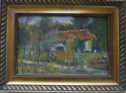 Forest cottage - oil painting with frame, 21x28 cm - nature, plants, trees, peace, forest, colorful