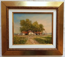 Benda Zoltán "Nyári tanya" c. olajfestmény szép keretben, ingyen postával