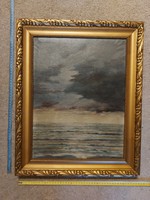 Szép borús tengeri panoráma festmény, olaj, vászon, szép keret