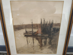 Antique watercolor chalk paper signed sailing ships landscape painting frame under glass nr 95.