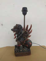 antik kínai indonéz faragott festett fa sárkány fo kutya asztali lámpa