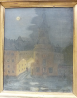 Joanovits I.: Holdvilágos utcakép templommal (olajfestmény kerettel, 58x68 cm) - este, éjszaka, éj