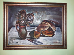 KÉPCSARNOKOS Fodor József - Téli csendélet - olaj / farost festmény 80 cm x 60 cm 1983-ból