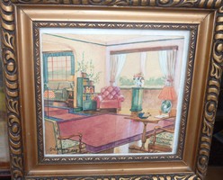 ENTERIŐR 1953-BÓL (akvarell+keret, 27x29 cm, Várnay) szobabelső, XX. század közepe, bútorok)