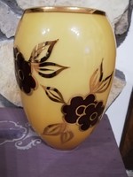 Jelzett ritka sárga-bordó bohemia üveg váza 20.5 cm