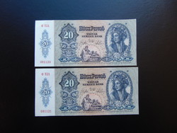 2 darab 20 pengő 1941 Sorszámkövető szép ropogós bankjegyek ! 
