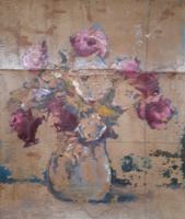 Rózsacsokor csendélet - olajfestmény vászonra, 22x27 cm (virágok, vörös rózsák, kis kép)