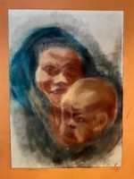 HETEY KATALIN: Anya gyermekével, pasztell, 1959 (szülői szeretet, kettős portré, arckép, Szőnyi tan.