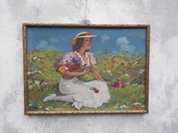 Illencz Lipót (1882-1950) Lány virágokkal, olaj-karton, romantikus alkotása, kerettel
