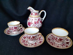 Csodálatos, kézzel festett, antik porcelán teás, csésze, alj, kiöntő, Fischer v. Zsolnay stílus 1896