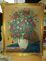 Nagy virágcsendélet festmény, 60x80+keret, vászon, olaj, új, laparanyozott keretben