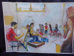 Fehérváry Tamás, kortárs alkotó festménye.. "Műteremben" Képzőművészeti Egyetem pecsétjével