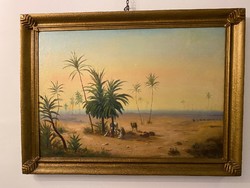 Cserna Károly hatalmas, sivatag-oázis témájú, restaurált festménye