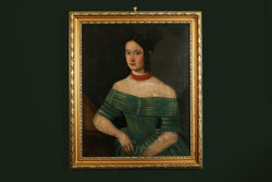 XVIII-XIX.sz. Női Portré Olaj Vászon 85x72cm | Vörös Korall Nyakláncos Gyöngysoros Fiatal Hölgy