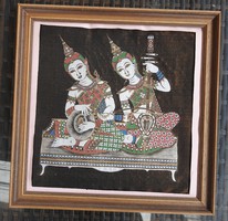 Régi festett keleti selyemkép : zenélő istenek
