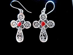 Silver coral inlaid earrings Indonesian needlework
