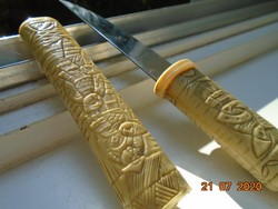 Antique carved bone handle and case tanto Japanese short dagger