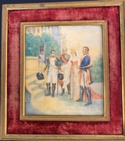 I. Napoleon friancia császár és Mária Lujza császárné társaságban, díszfesték, csont - F095