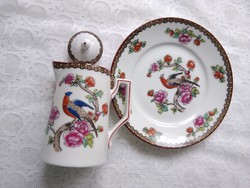 Antik Victoria Austria kézzel festett sütis tányér, kis kávéskanna paradicsommadár mintával
