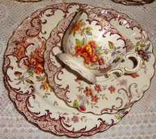 Antik nagy méretű Sarreguemines fajansz  csésze szett Fleury dekorral.