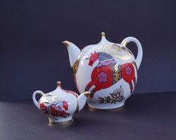 Lomonosov Imperial orosz szovjet porcelán nagy 2,5 l teáskanna és tejkiöntő népi motívumos szett