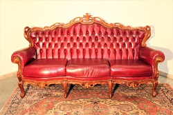 Antik, burgundi szinű, chesterfield barokk bőr kanapé
